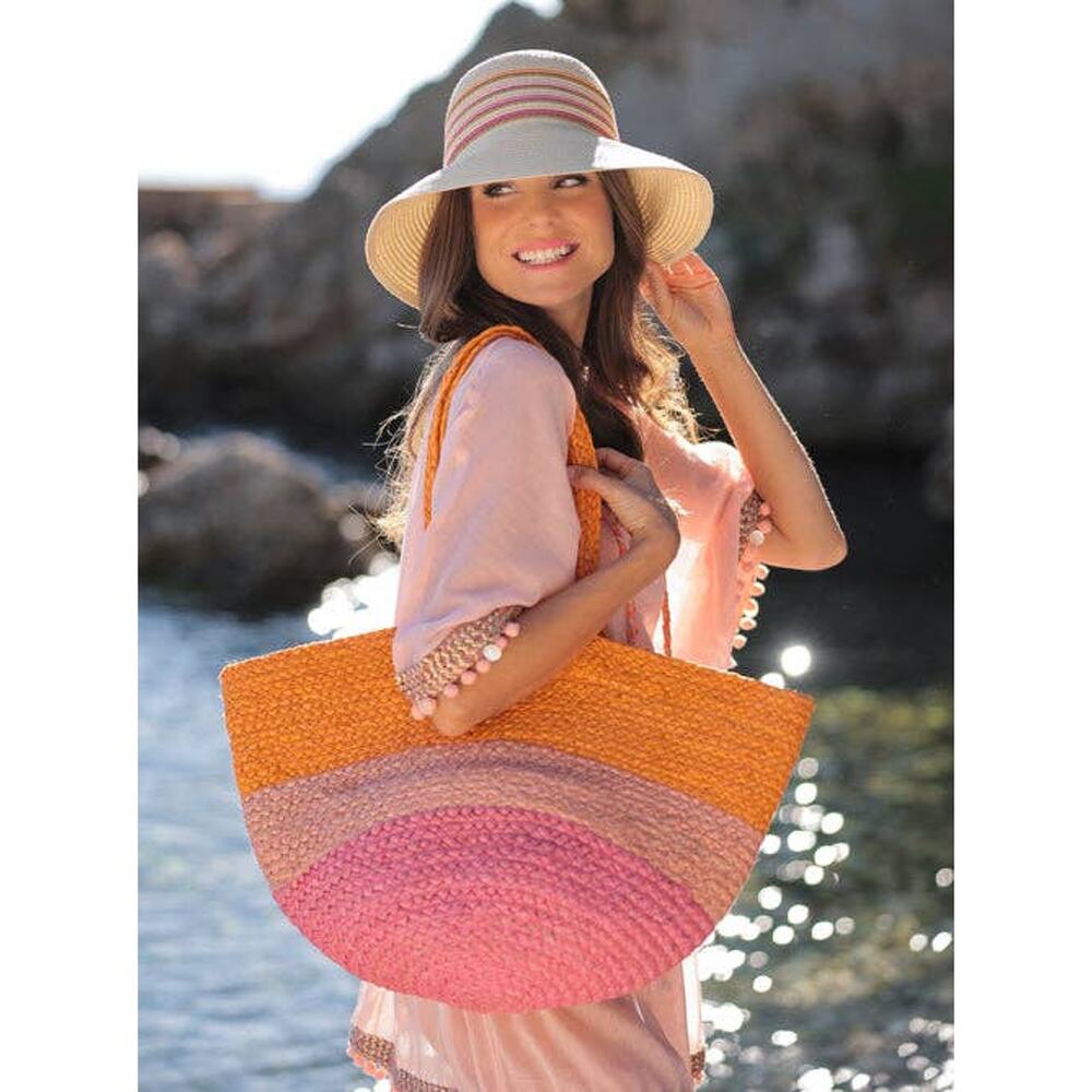 Shiraleah Colorblock Jute Resort Tote Pink Orange Beach Bag NWT